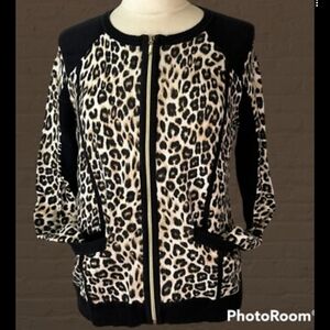 Chico's Black and Cream Leopard Bomber Jacket